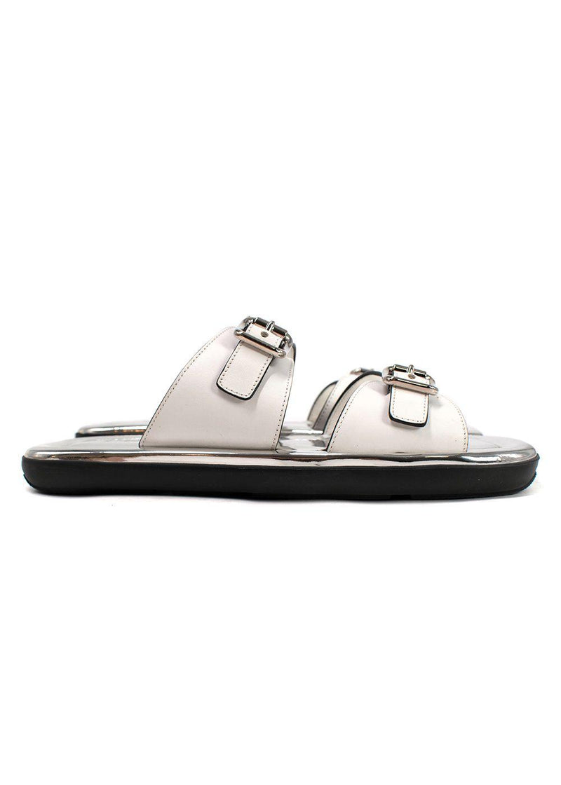 Prada White and Silver Leather Buckle Sandals