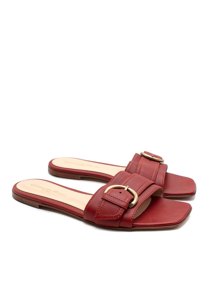 Gianvito Rossi Brick Red Buckle Detail Leather Slides