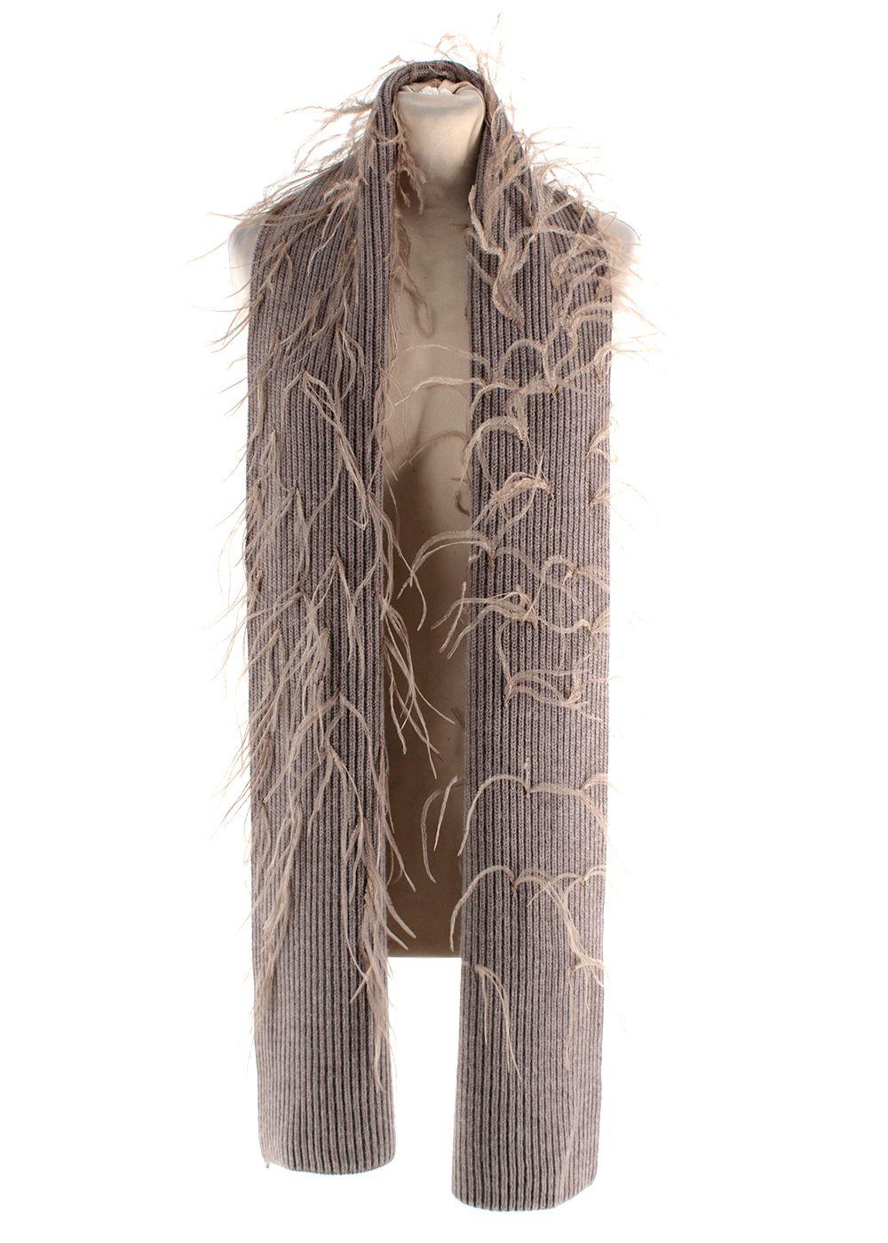 Tanya Taylor Mouse Brown Ostrich Feather Detailing Wool Scarf