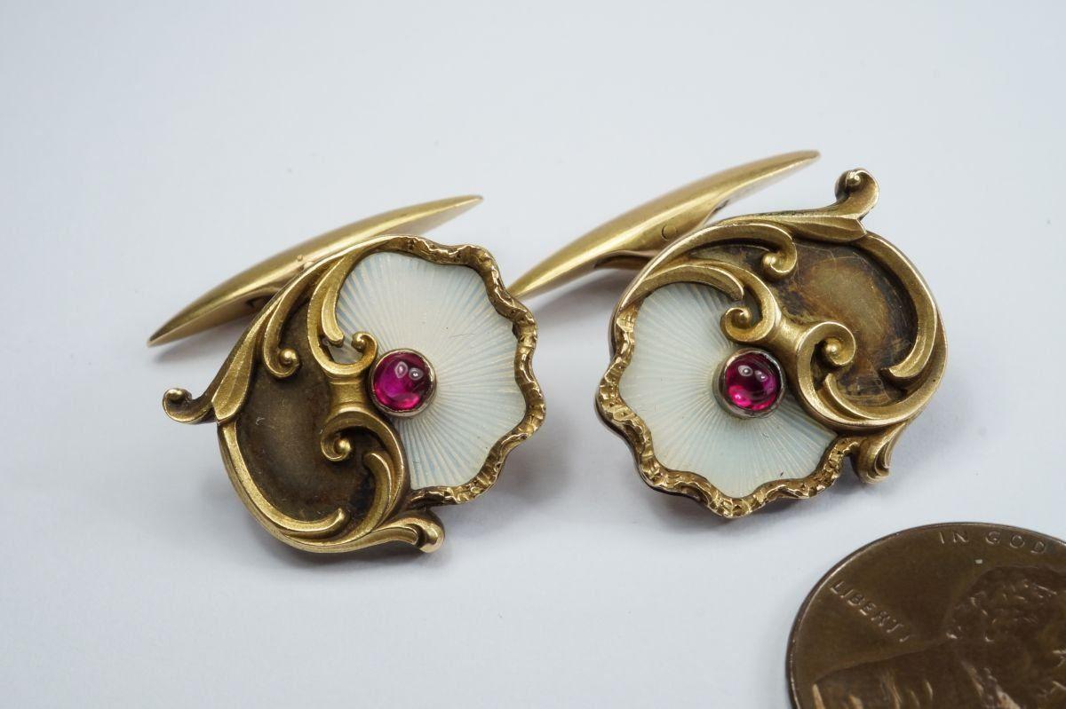 14k Gold Art Nouveau Antique Russian Ruby Cufflinks