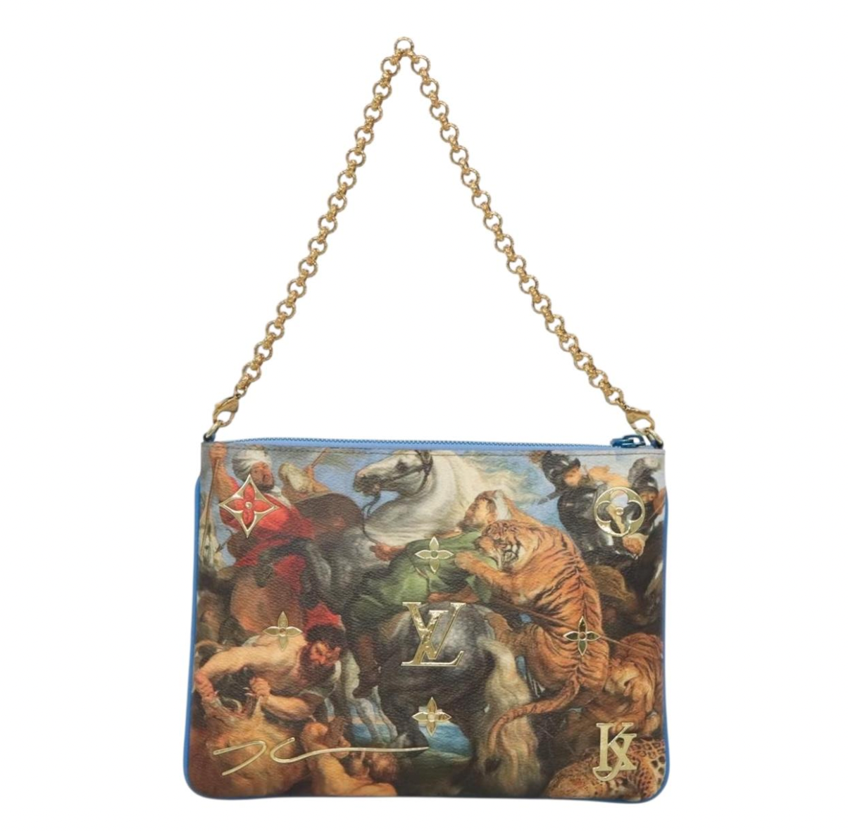 Limited Edition Louis Vuitton x Jeff Koons Masters Collection Pochette – “Tiger Hunt” Print with Gold Chain Strap