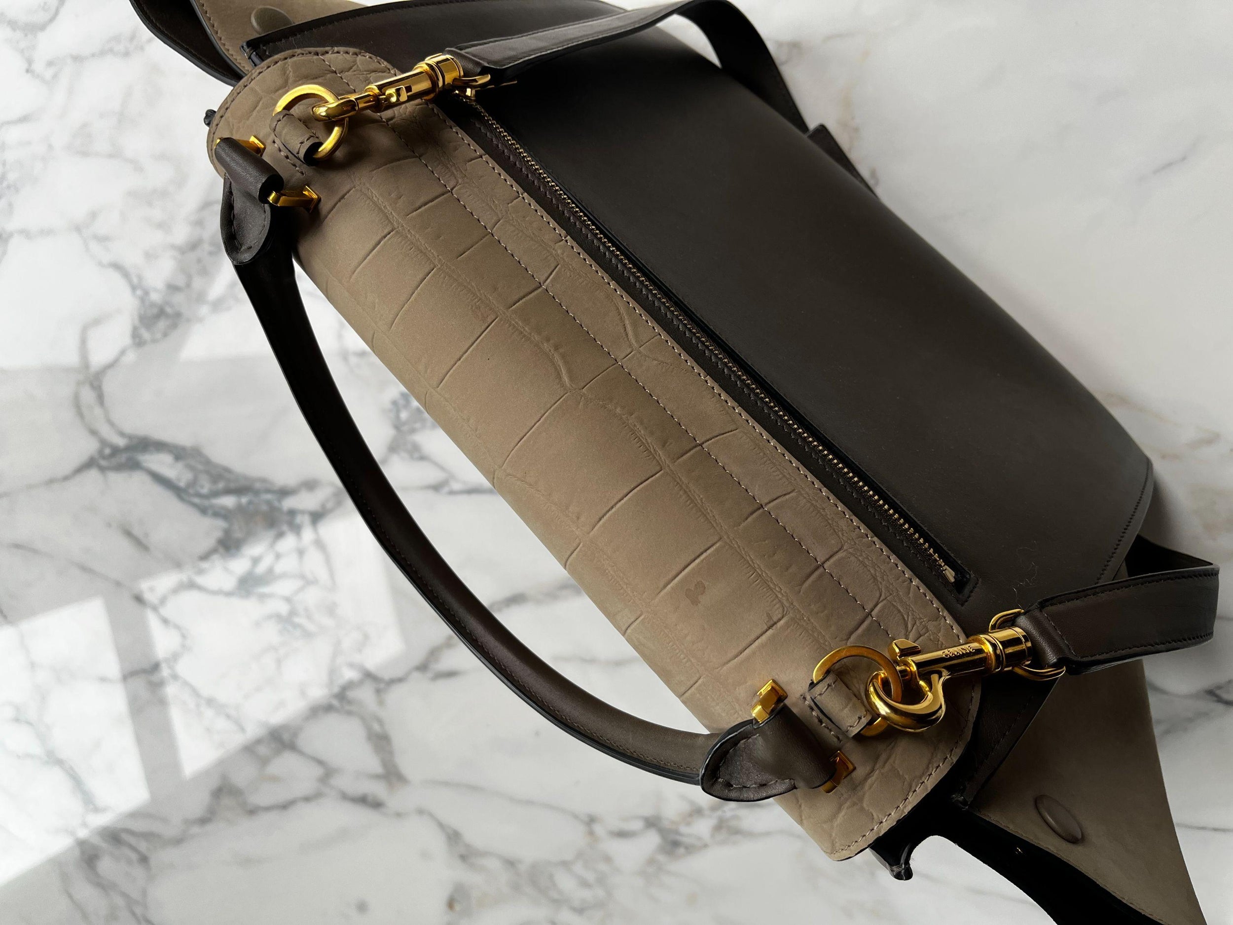 Beige Crocodile Embossed Trapeze Bag
