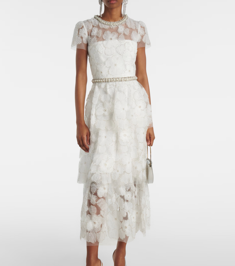 Self Portrait White Embellished Tulle Midi Dress
