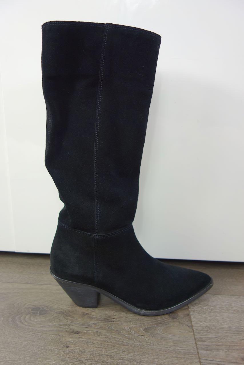 black suede long western heeled boots