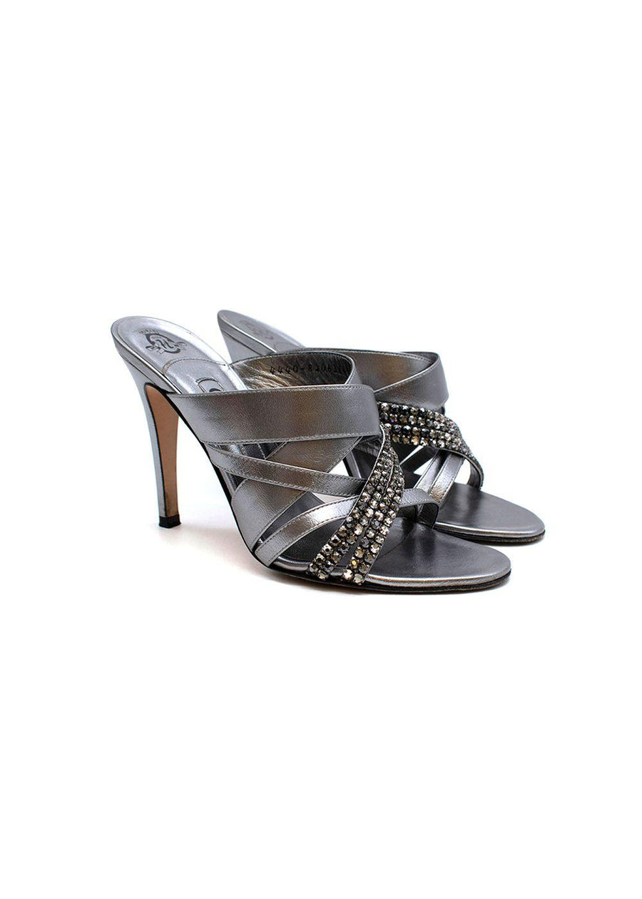 Crystal Embellished Silver Mules