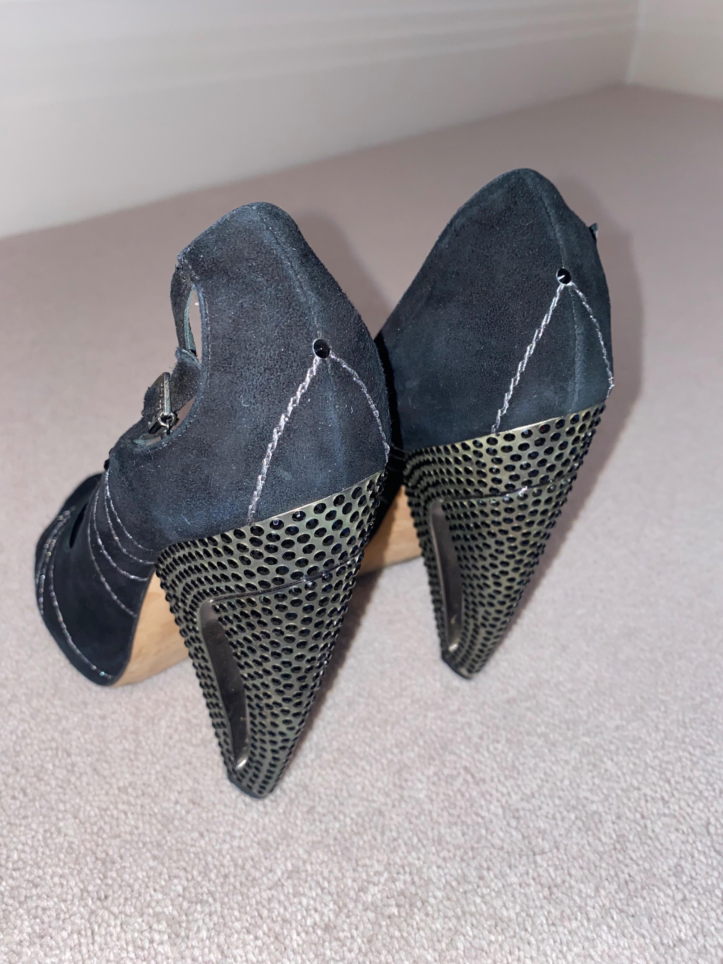 Vintage black suede & crystal cut-out heeled pumps