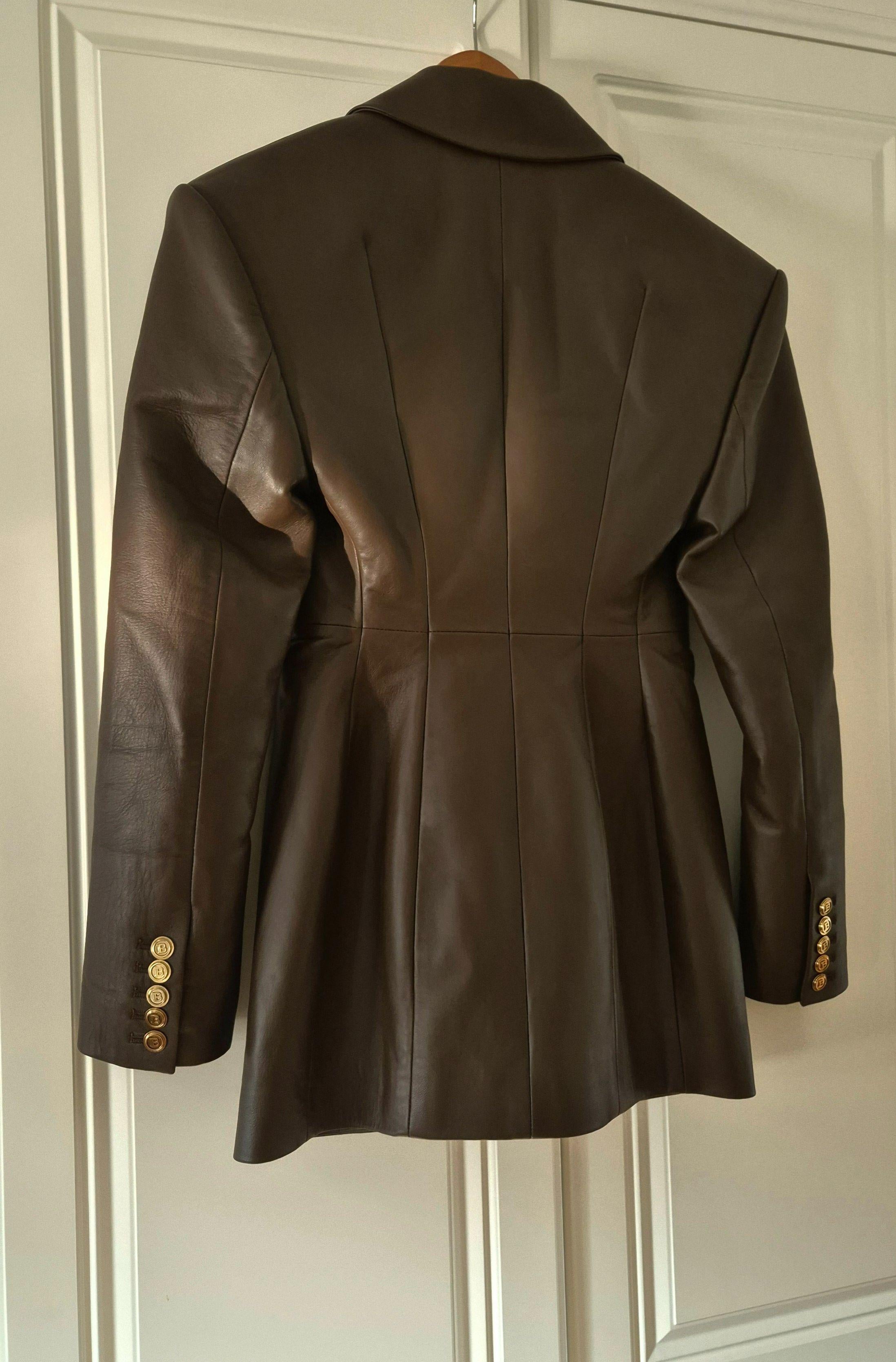 Balmain Brown Ruched Leather Blazer