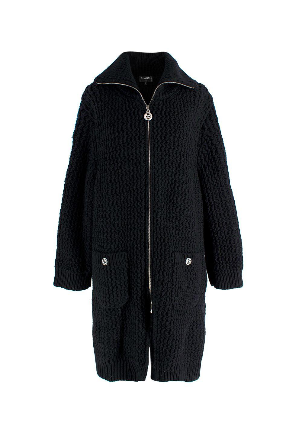 Chanel Black Longline Wool Cardigan with Embellished Button Detail
