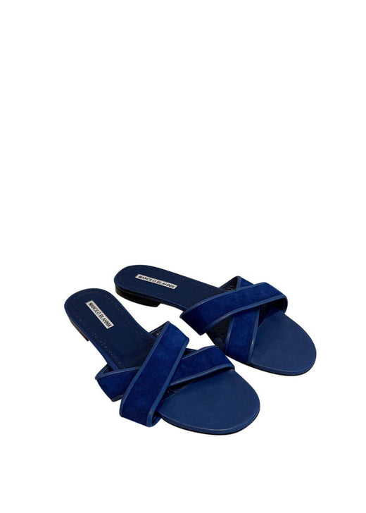 Manolo Blahnik Blue Suede Flat Sandals