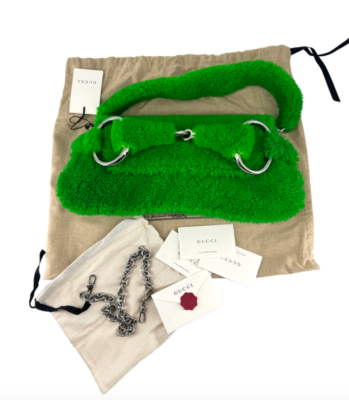 Gucci Grass Green Shearling Horsebit 1955 Chain Shoulder Bag