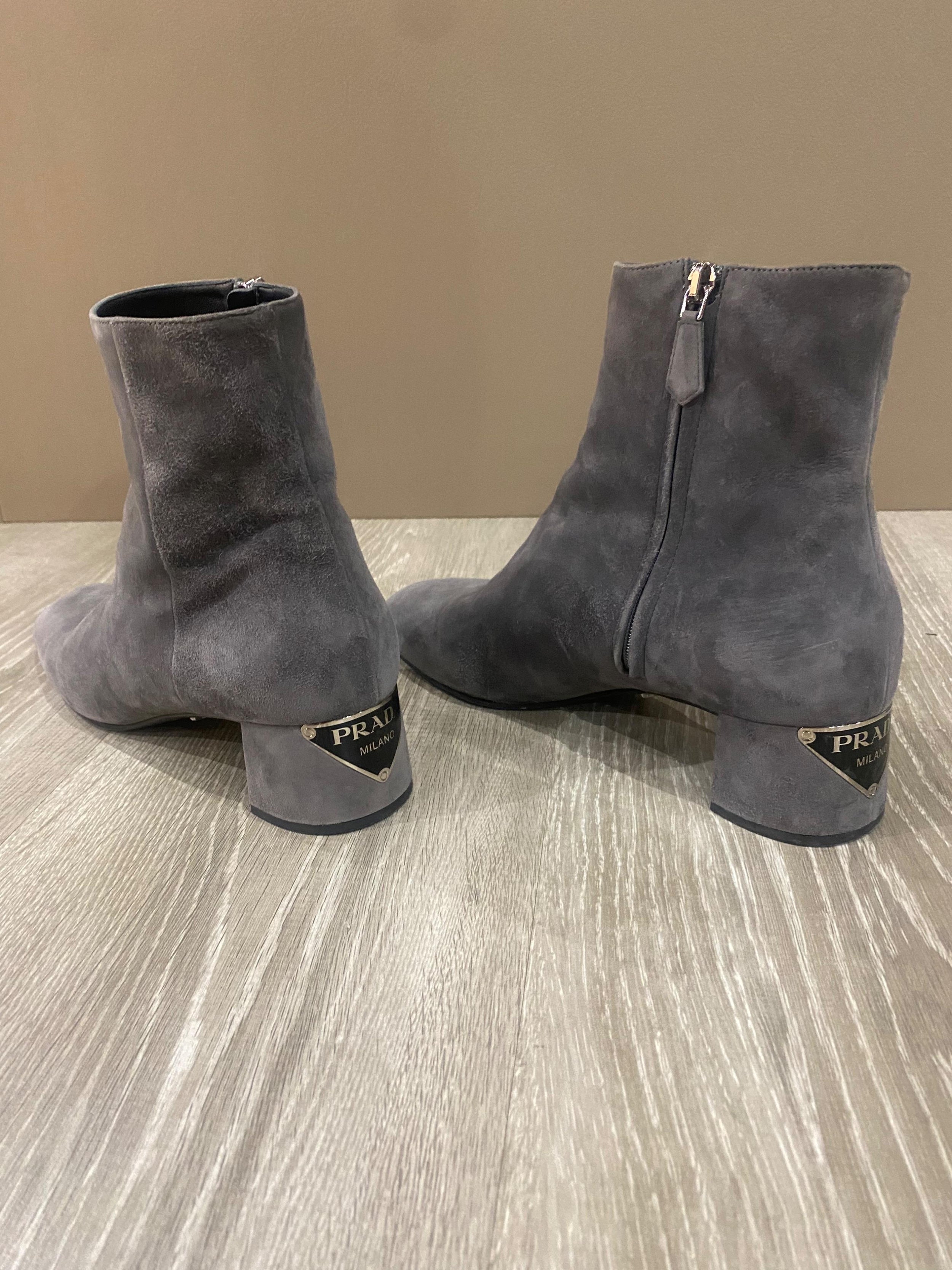 Grey Suede Plaque Heel Ankle Boots