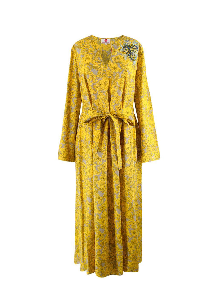 Elegant Embroidery Yellow Floral Belted Kaftan
