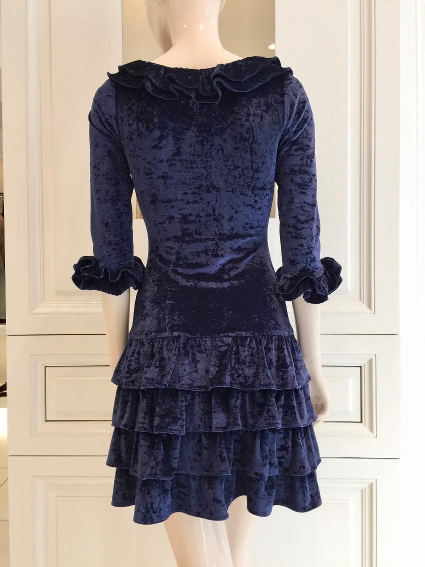 French Couture Navy Blue Panne Velvet Dress