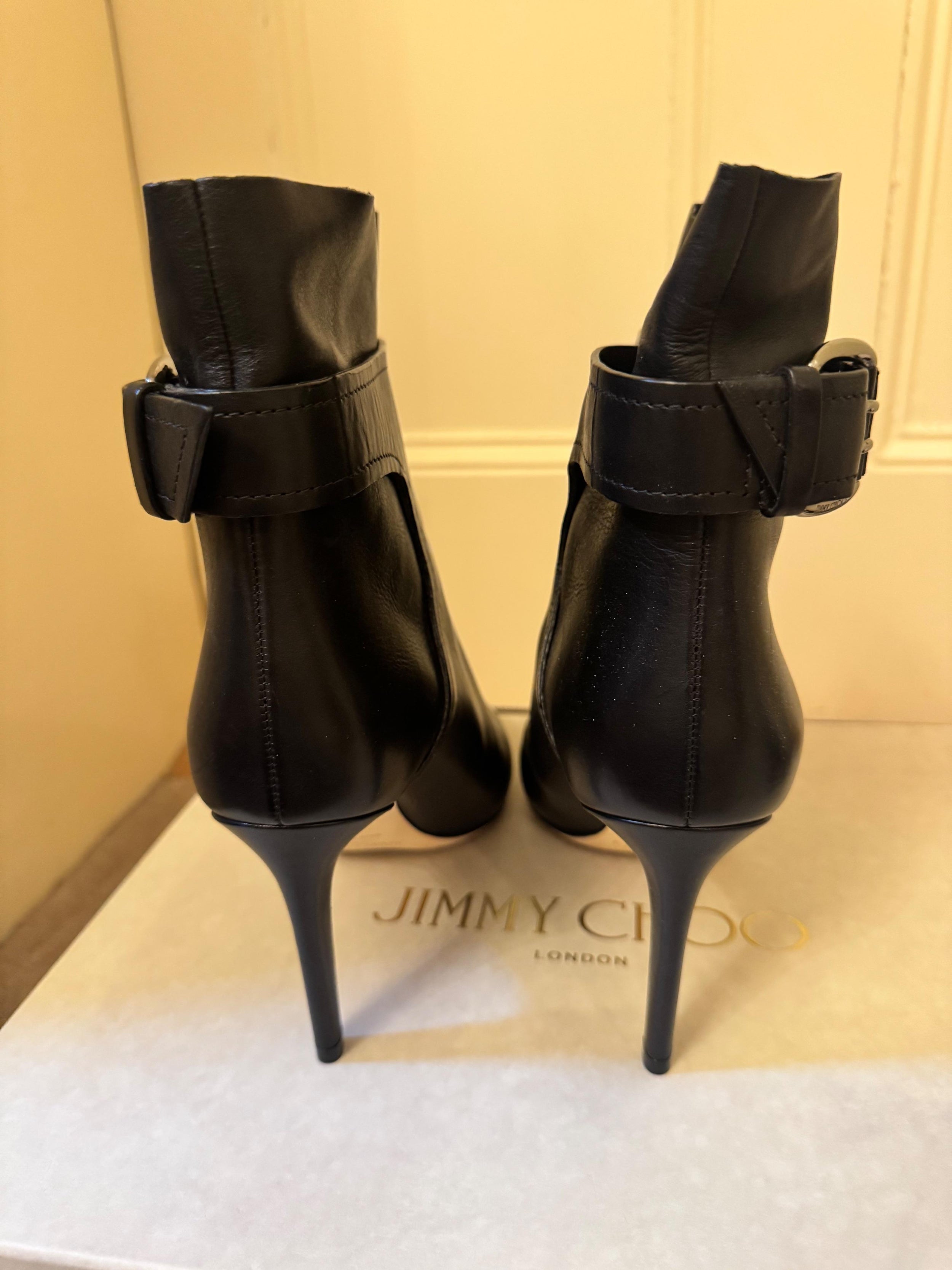 Jimmy Choo Black Leather Buckle Detail Ankle Boots
