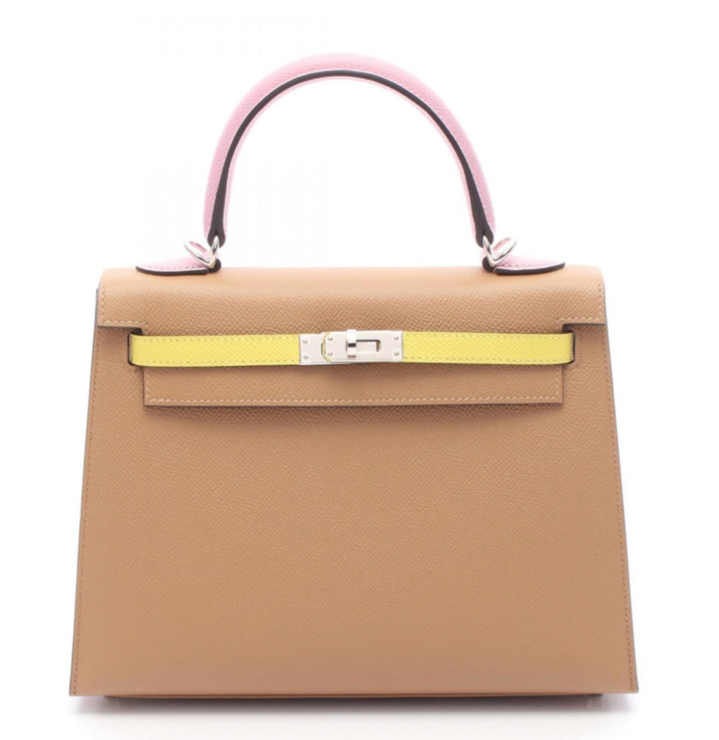 Hermès Kelly 25 Tricolore bag 25 in Chai, Citron and Mauve Epsom Leather with Silver hardware