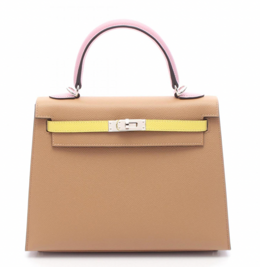Hermès Kelly 25 Tricolore bag 25 in Chai, Citron and Mauve Epsom Leather with Silver hardware