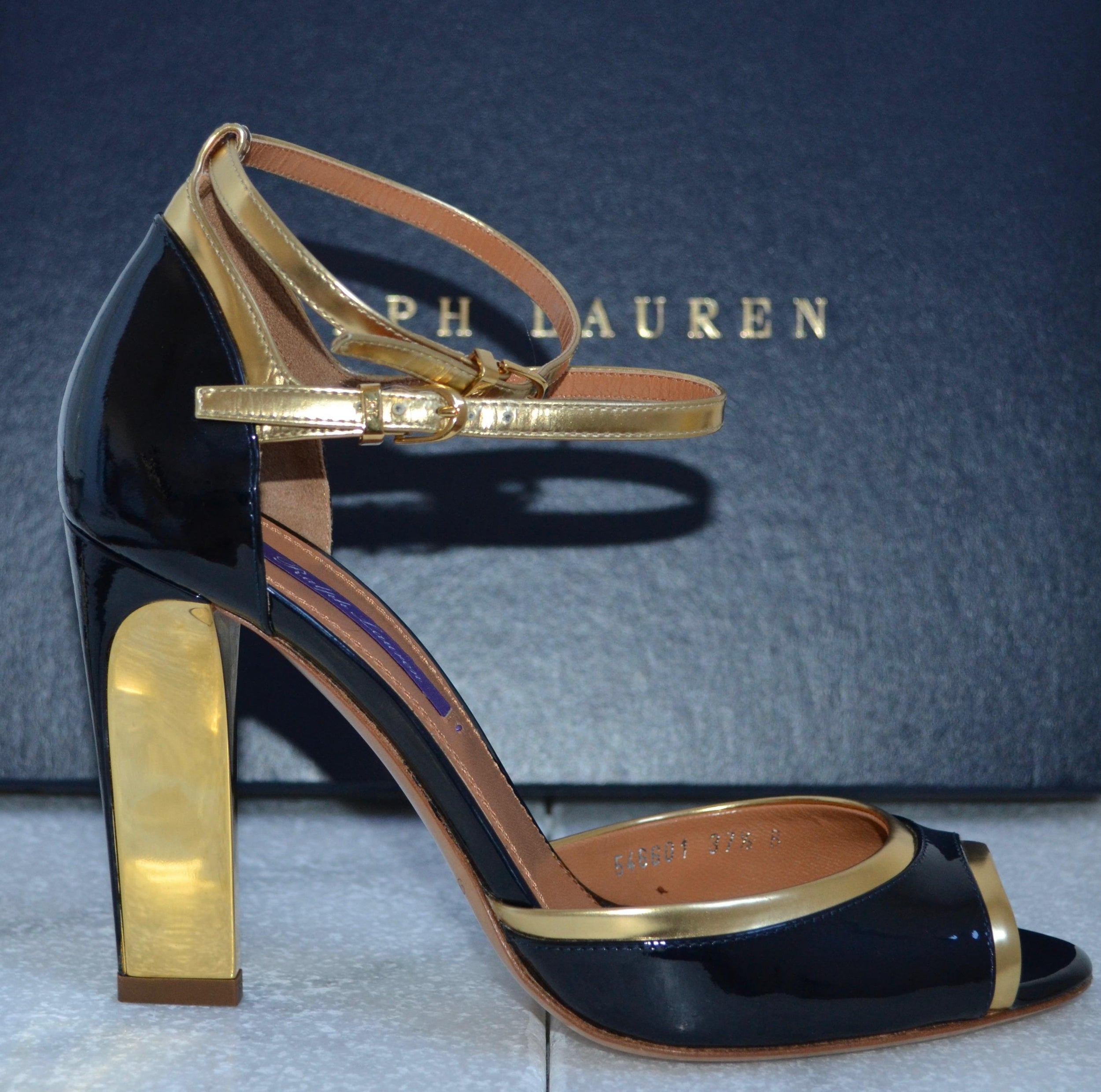 Ralph Lauren Collection  Navy Patent Heeled Ankle Strap Shoes