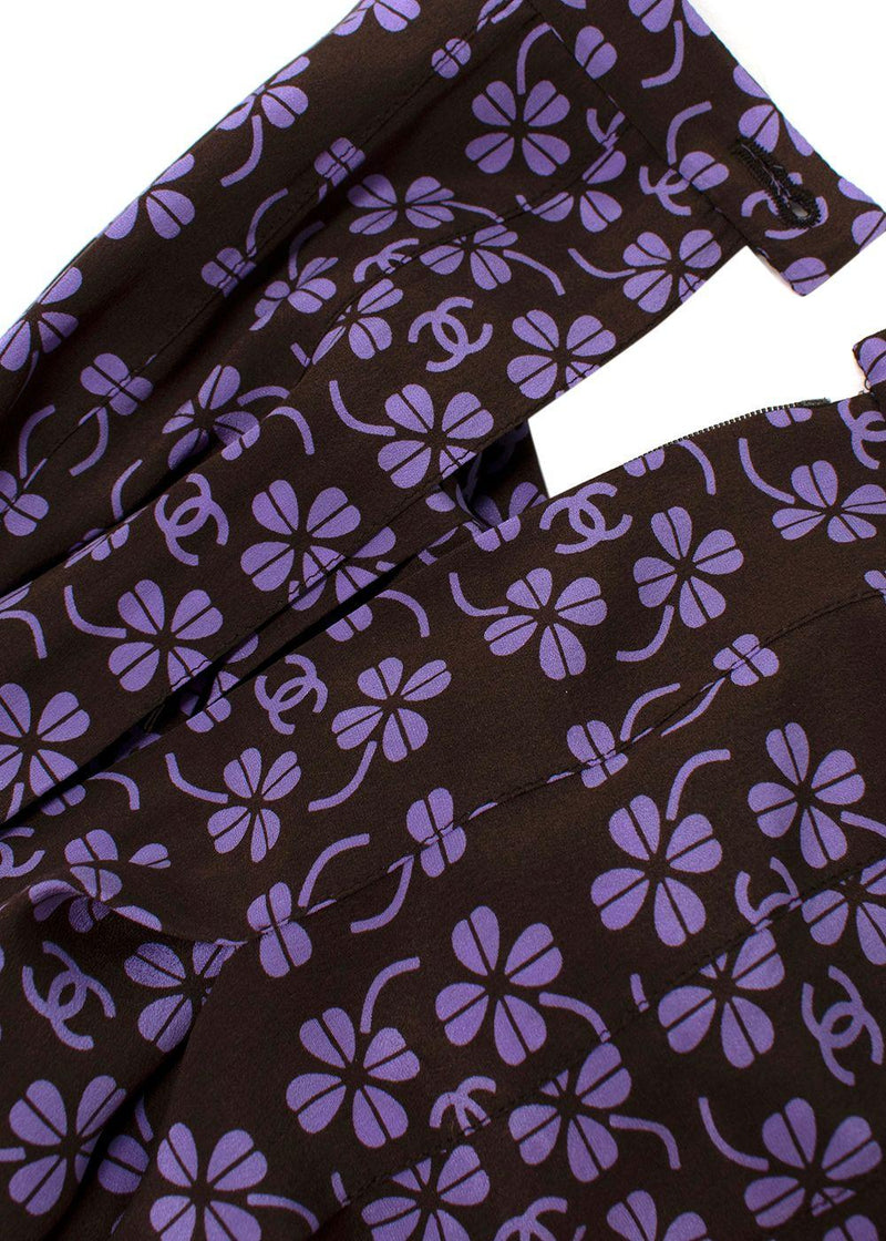 Purple & Black Clover Print Pleated Silk Skirt