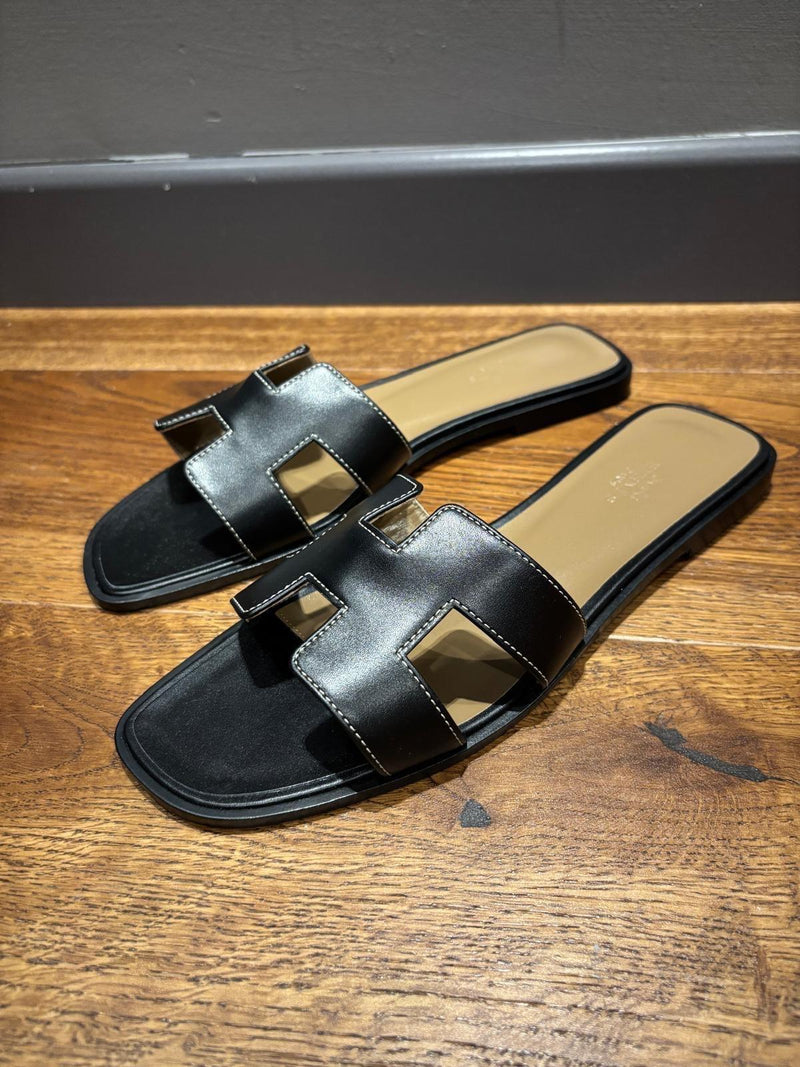Hermes Black Leather Oran Sandals