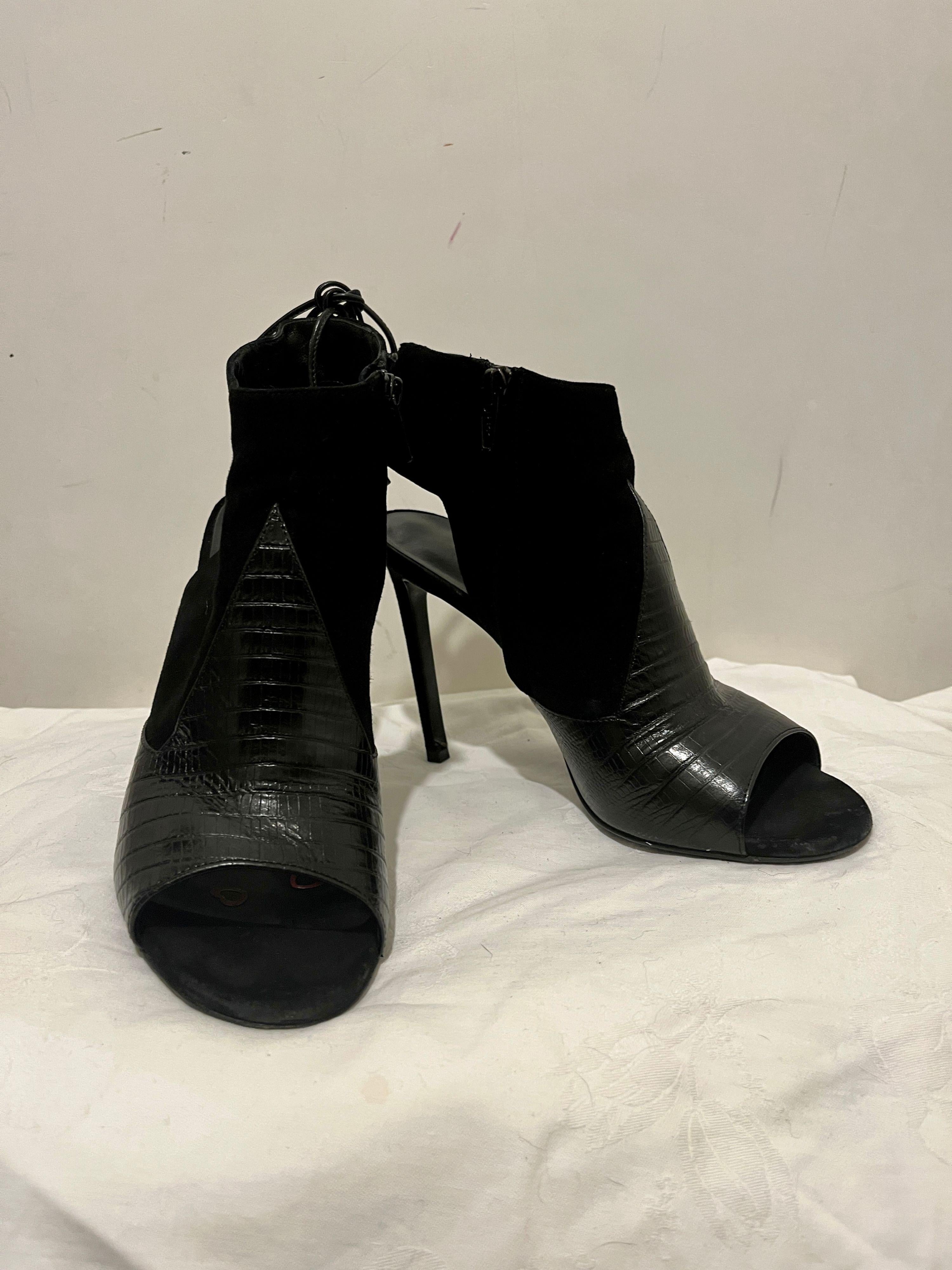 black embossed croc leather & suede Jane heeled booties