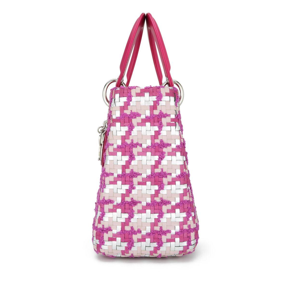 Dior Pink & Silver Woven Leather & Tweed Medium Lady Dior Bag