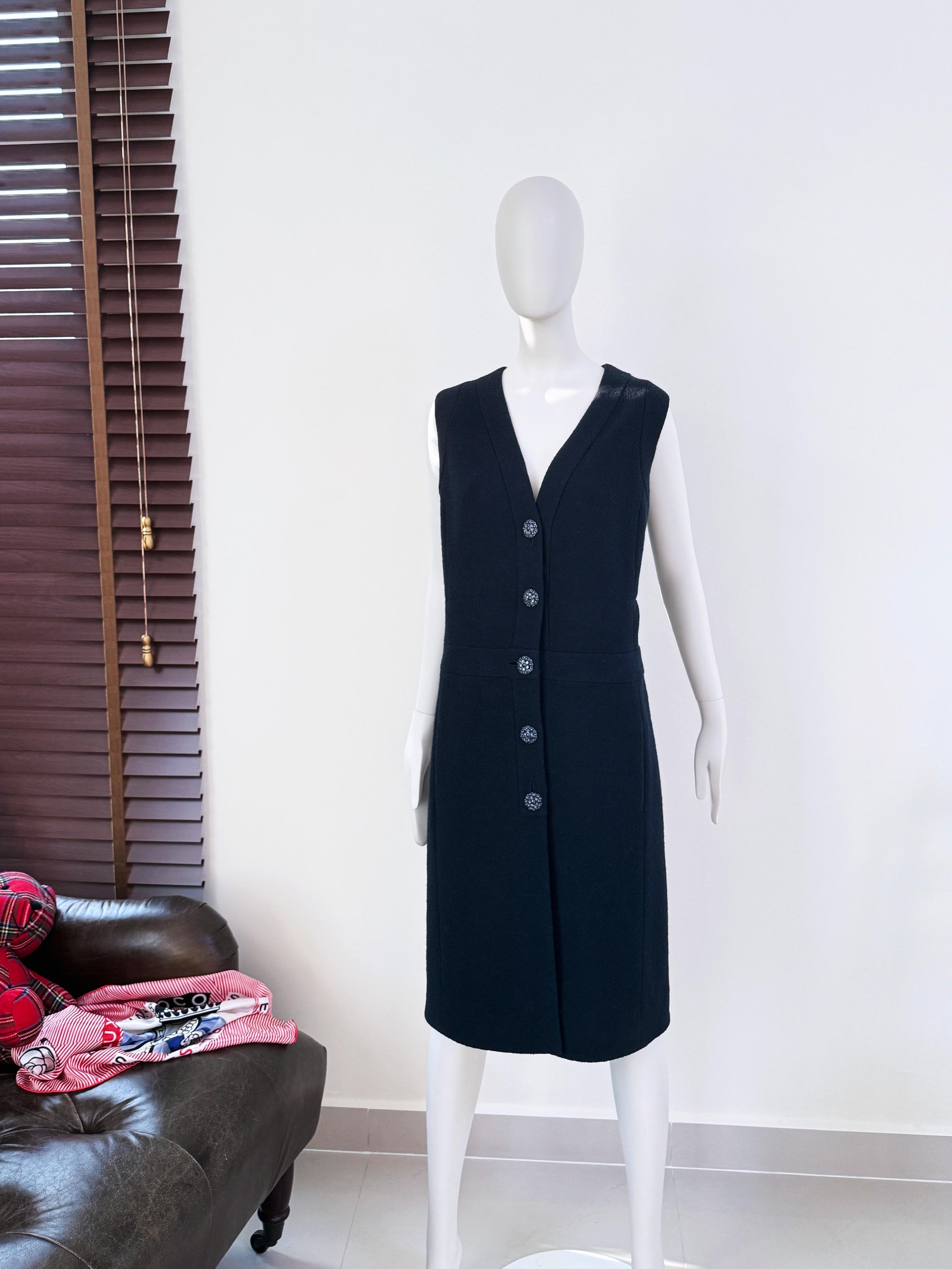 Chanel Navy Boucle Tweed Midi Dress  with Gripoix Jewel Buttons