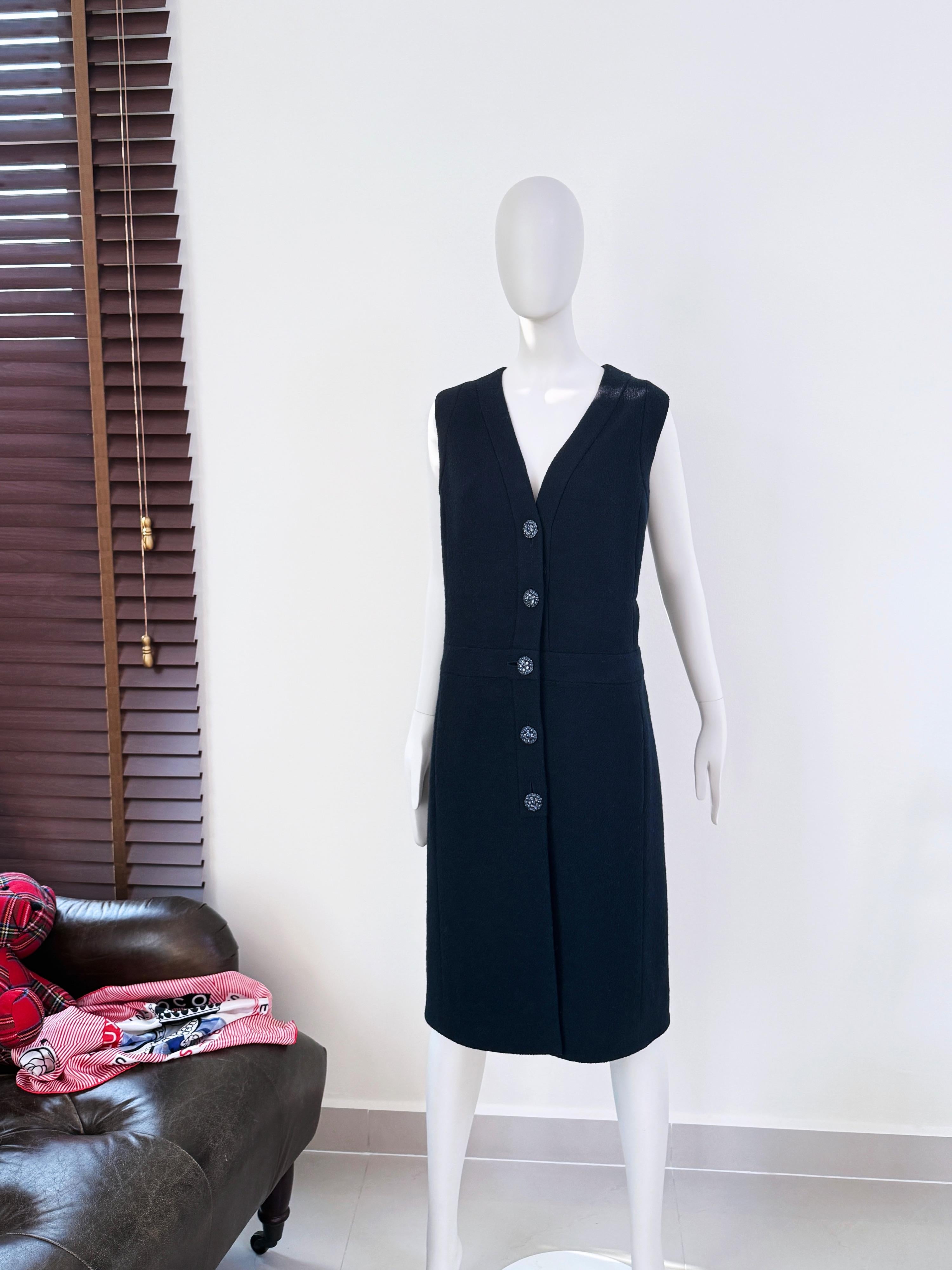 Chanel Navy Boucle Tweed Midi Dress  with Gripoix Jewel Buttons