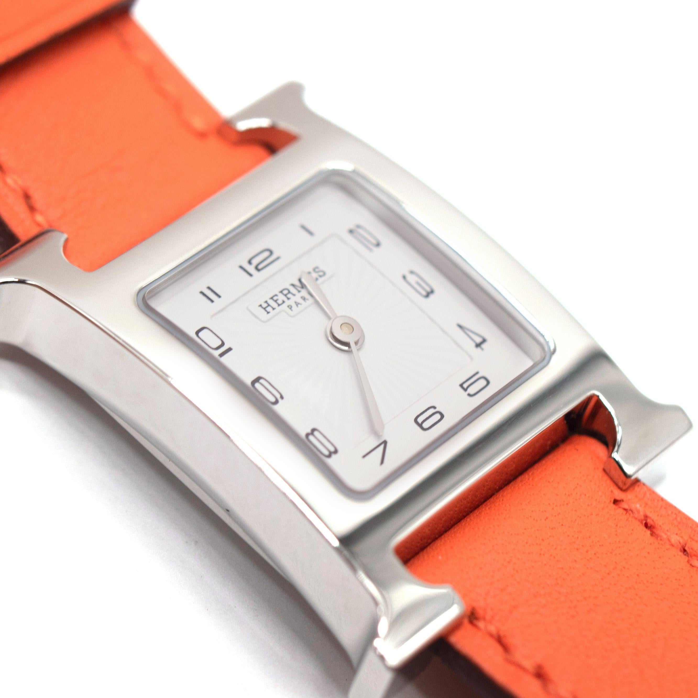 Hermes Small "Heure H" Watch With Orange Strap