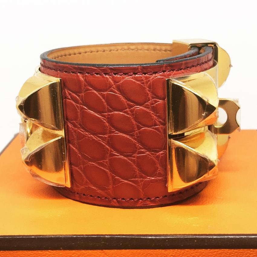 Hermes Matte Rouge Alligator Collier de Chien CDC Bracelet GHW Small
