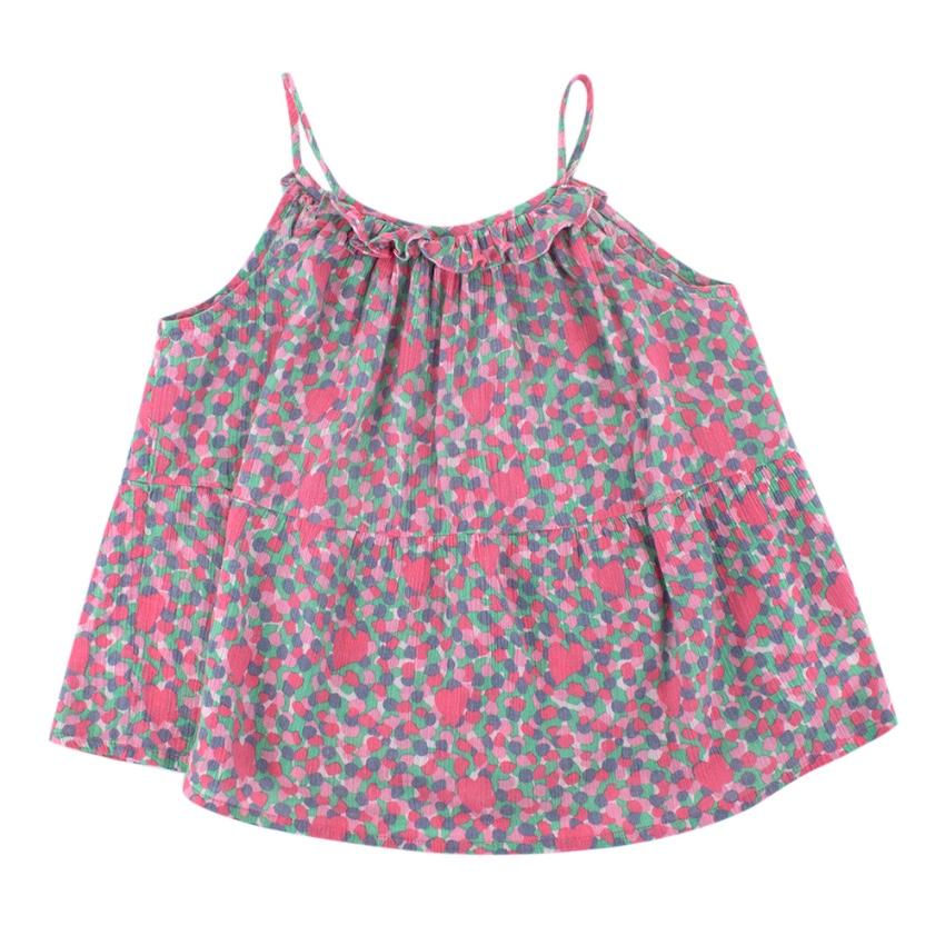 Bonpoint Pink & Green Cotton Hearts Print Ruffled Blouse