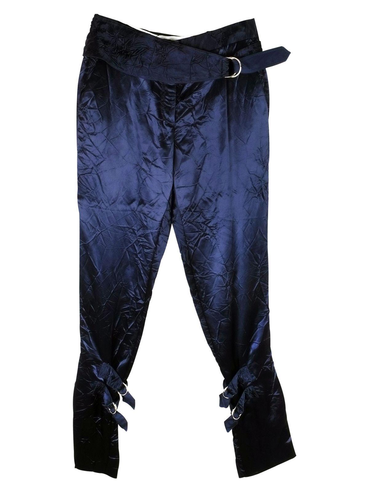 Navy Hammered Satin Buckle Pants