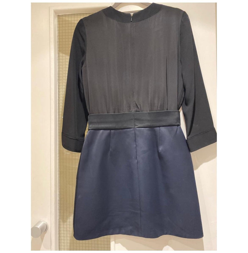 Black Silk Satin & Navy Crepe Insect Embellished Short Dress