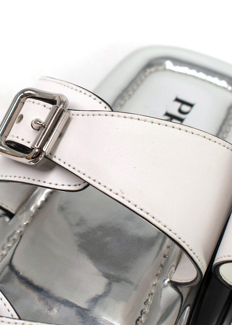 Prada White and Silver Leather Buckle Sandals
