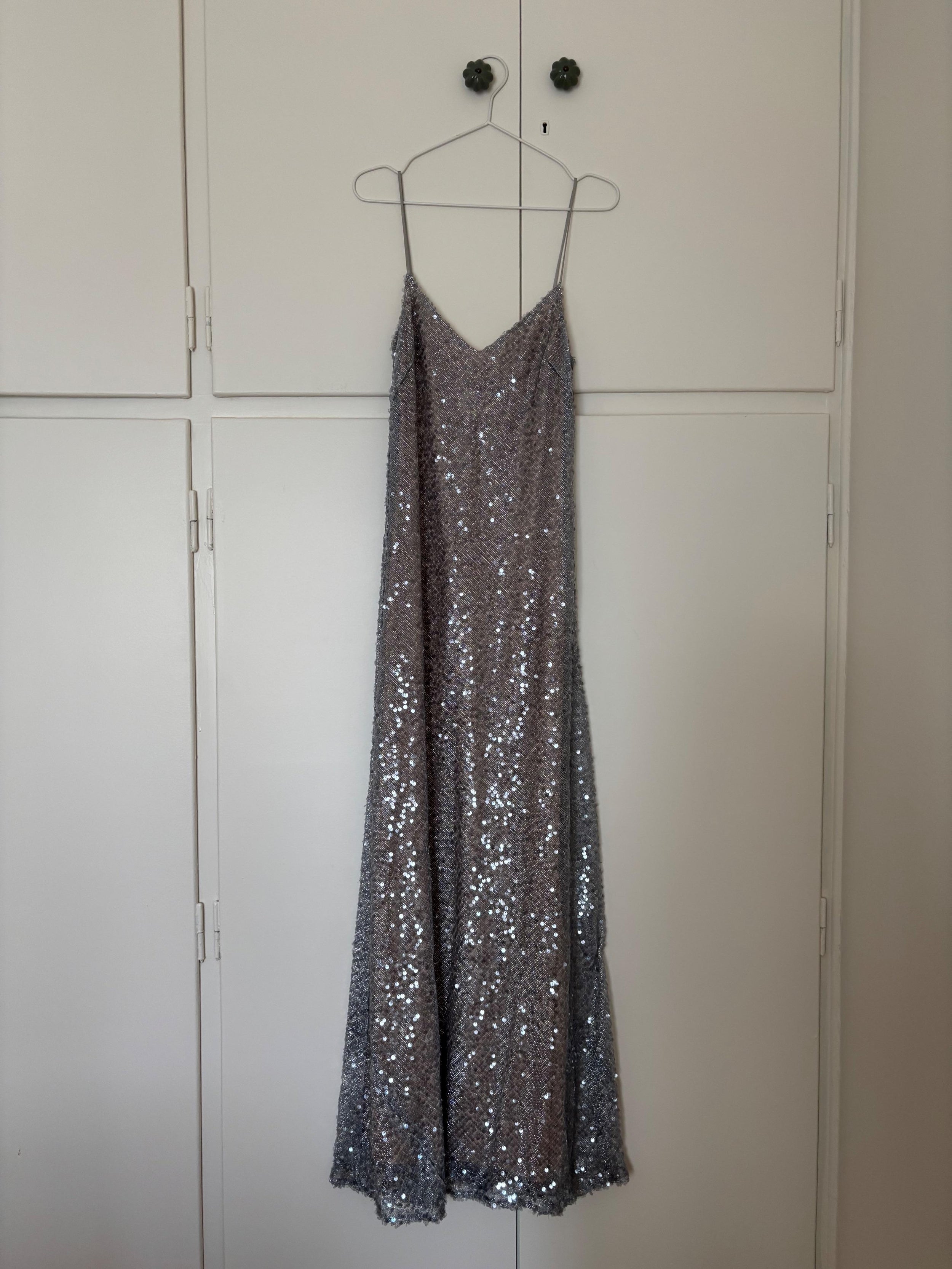 Galvan Silver Sequin Evening Dress