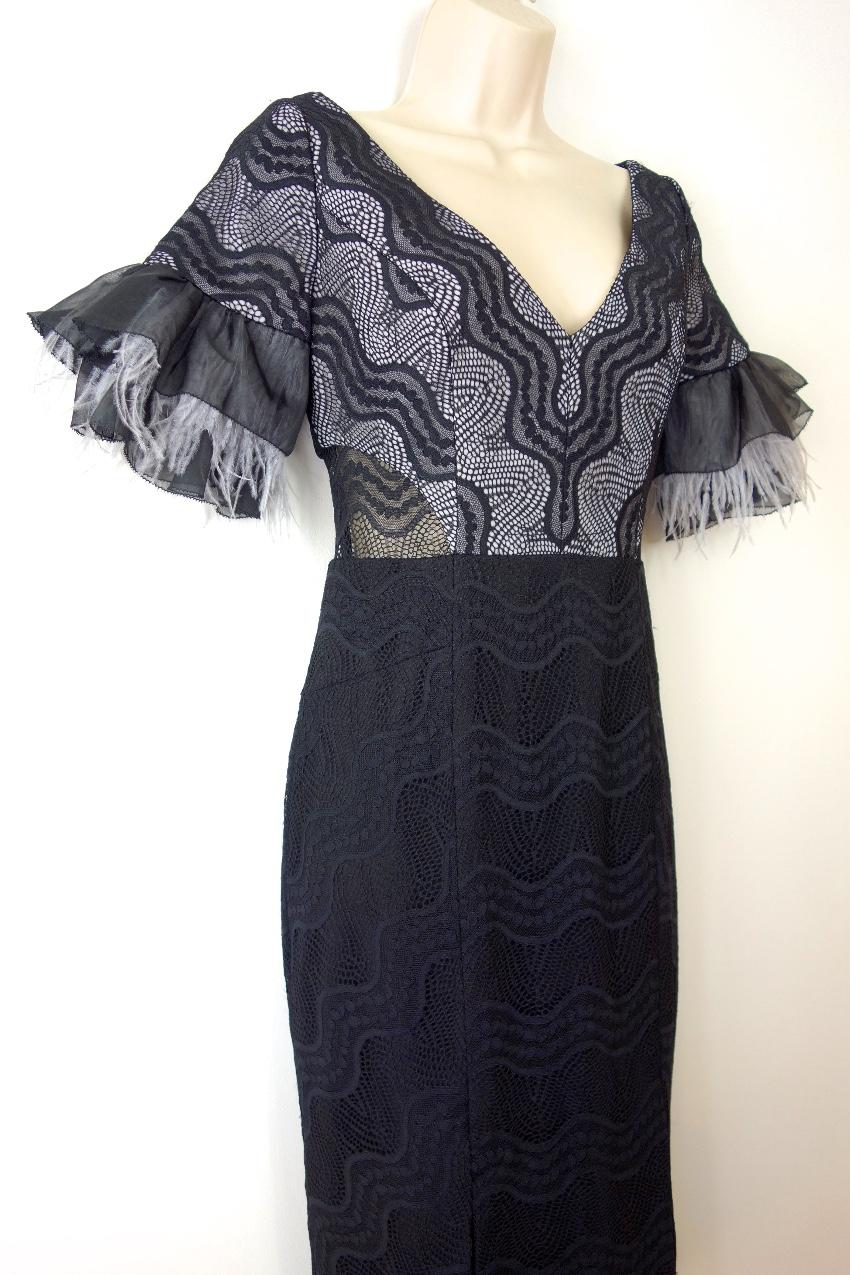Three Floor Feather Trimmed Stretch Fitted Dress