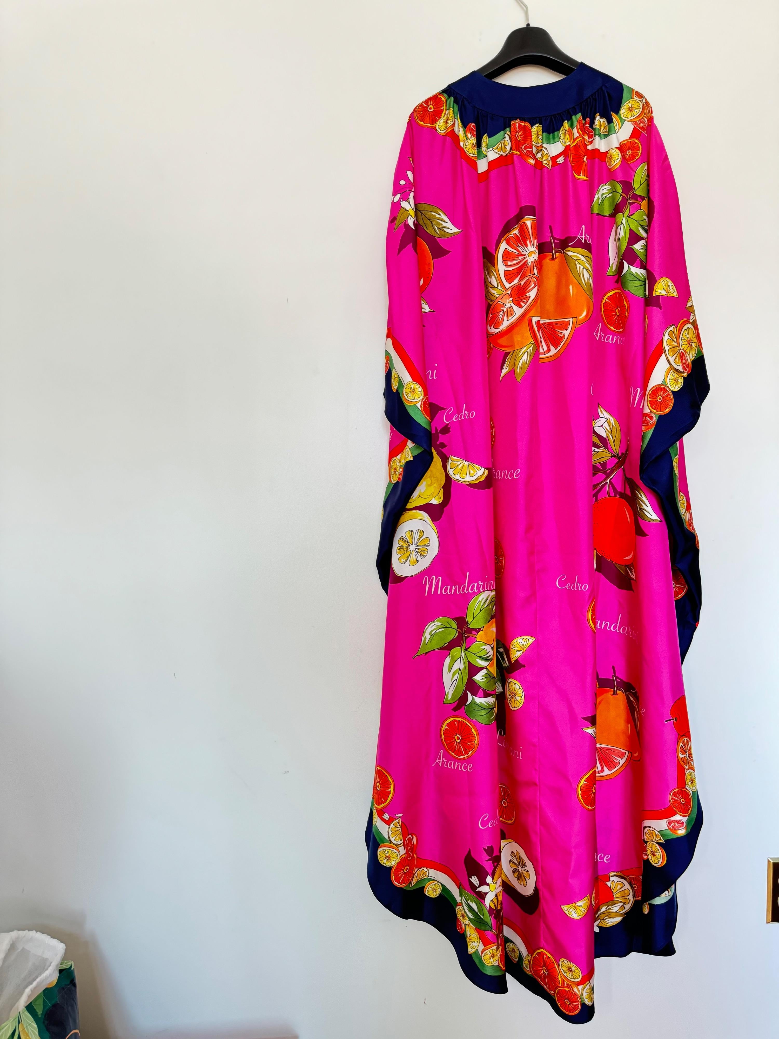 Pink Capri Silk Painterly Fruit Kaftan