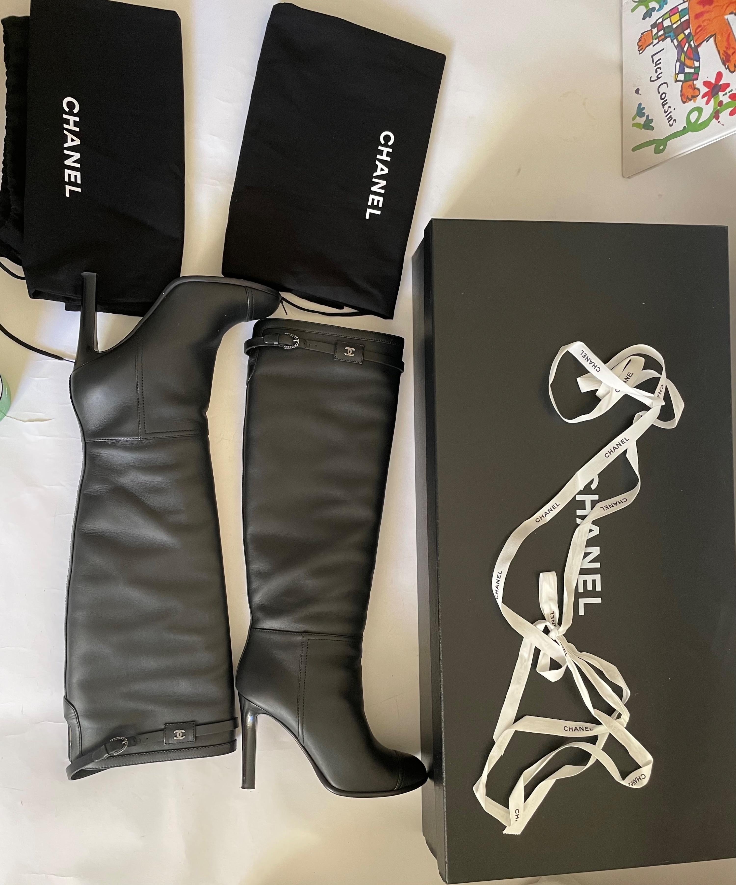 Black Leather CC Heeled Knee High Boots