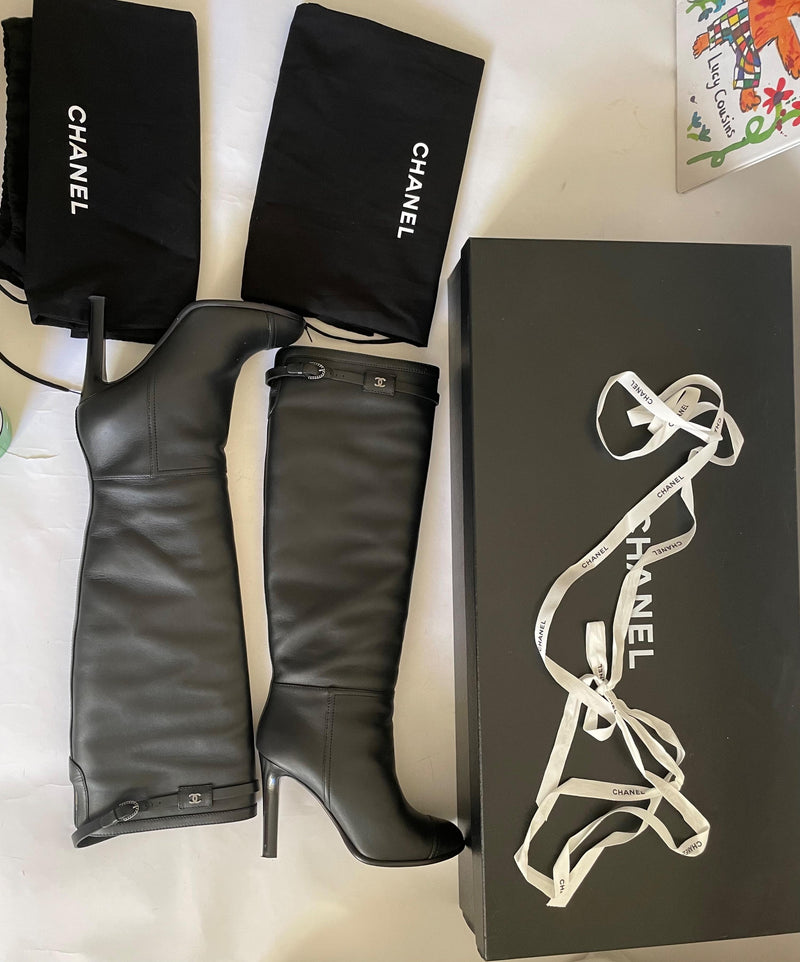 Black Leather CC Heeled Knee High Boots