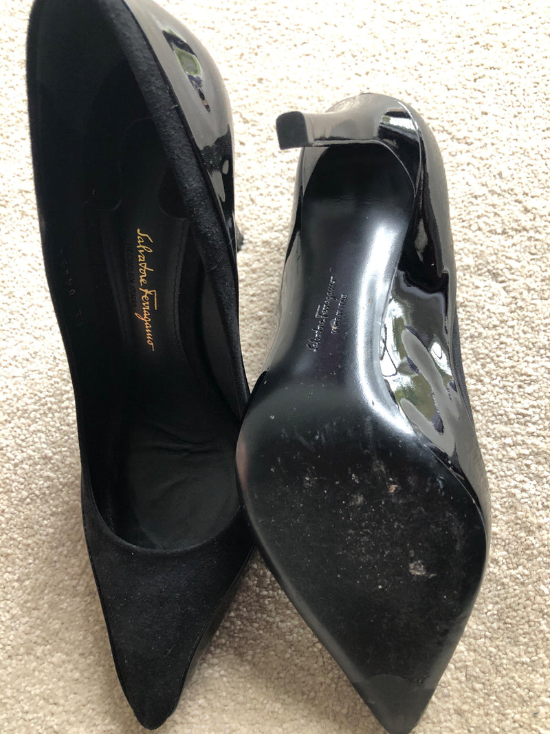 Salvatore Ferragamo Black Patent Leather Court Heels