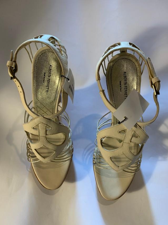 Alberta Ferretti Ivory Corded Leather Curved Wedge Sandals
