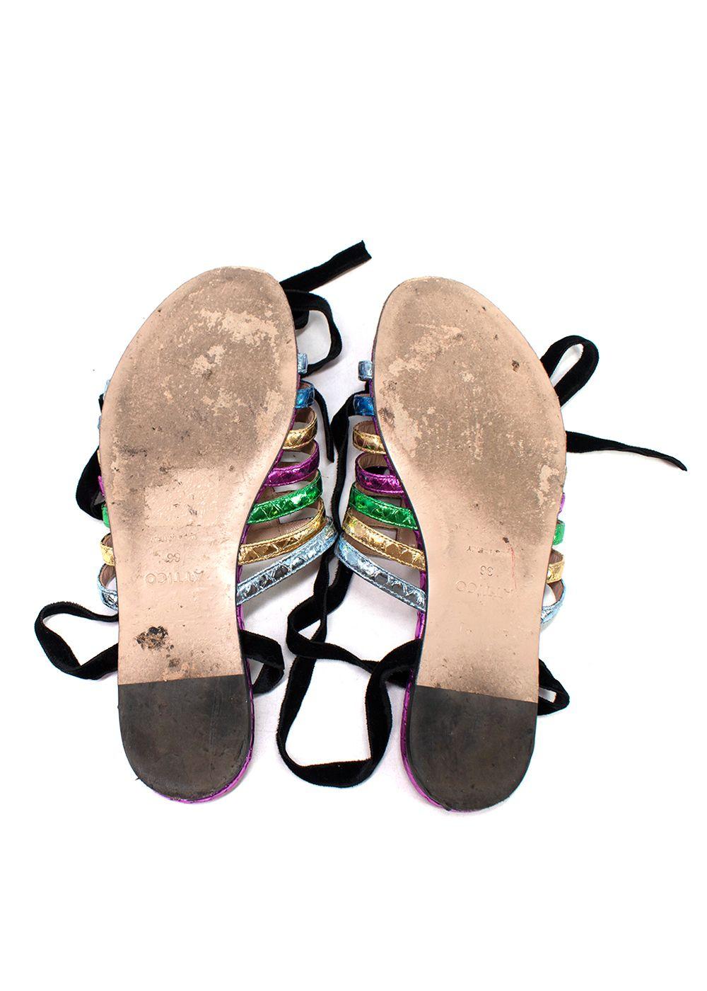 Metallic Rainbow Snake Embossed Lace-up Flat Sandals