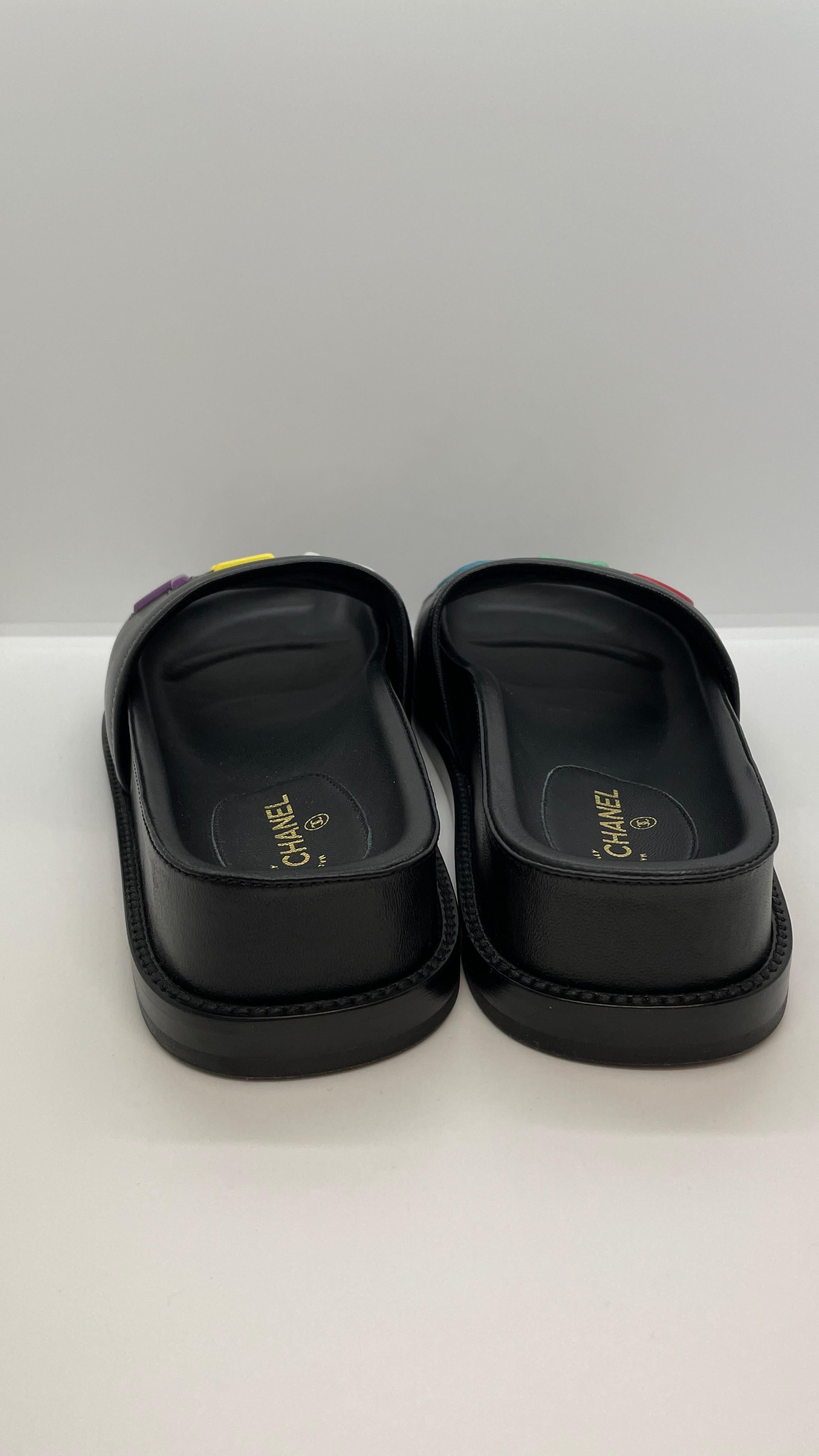 Multicoloured Logo Black Leather Slide Sandals