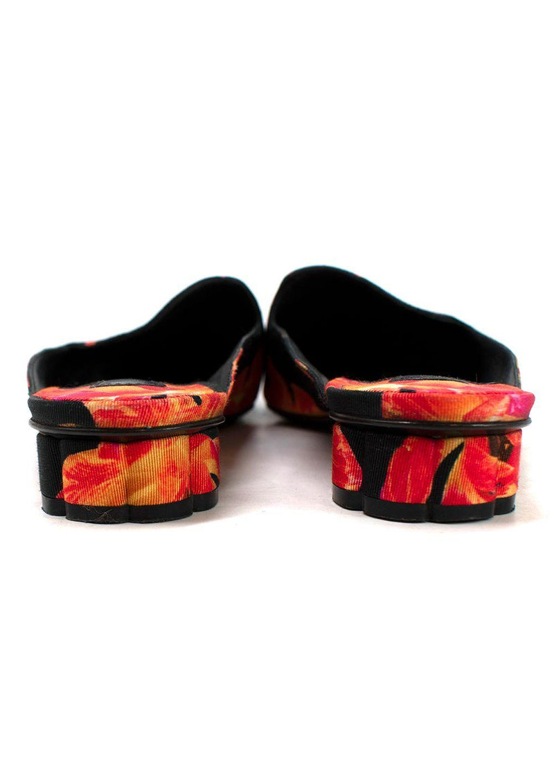Salvatore Ferragamo Red and Black Floral Pointed Mules