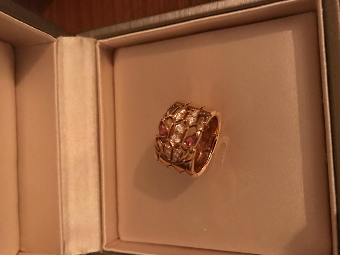 Bvlgari Serpenti diamond & rubellite 18k Rose Gold Ring - Size 53