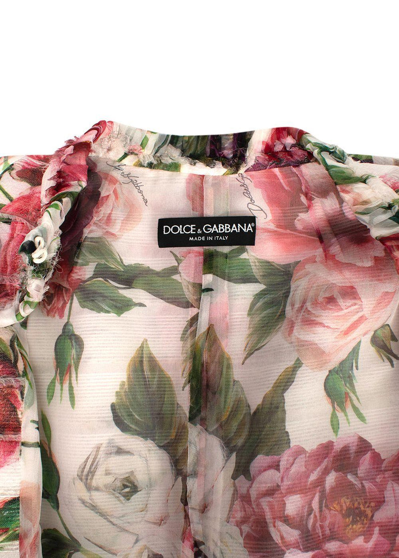 Dolce & Gabbana White Frayed Sliced Floral-print Gauze Jacket