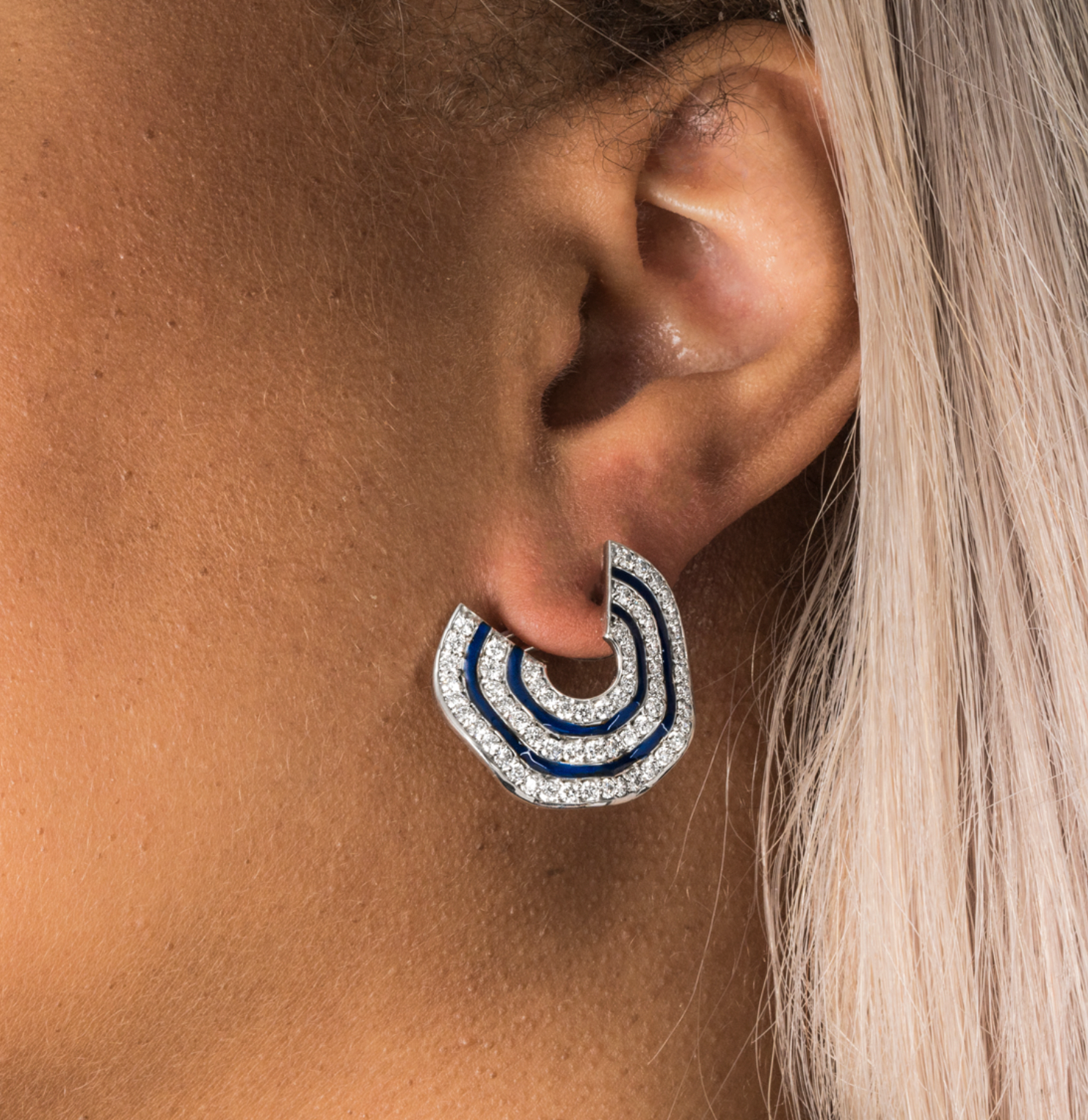 18ct white gold, diamond & enamel wave earrings