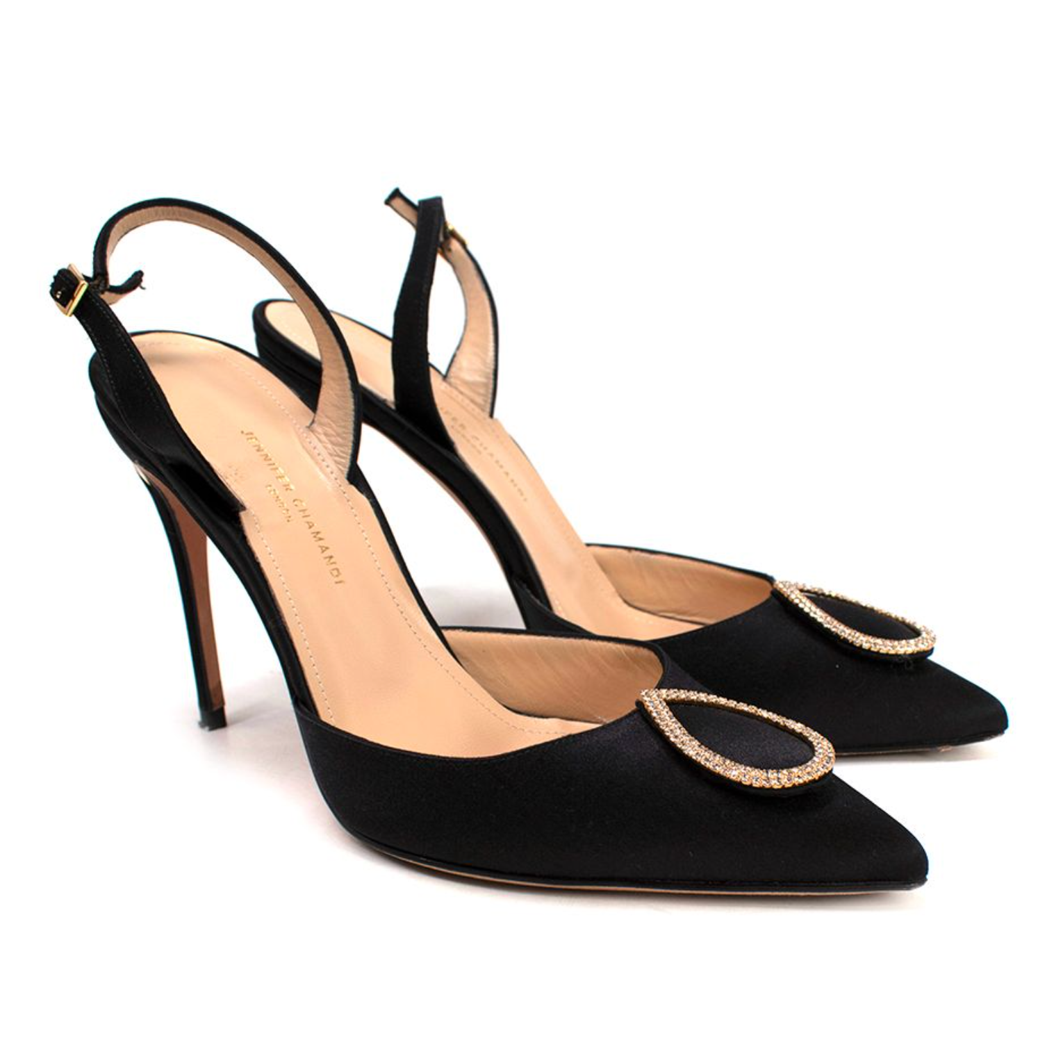 Jennifer Chamandi Black Satin Crystal Buckle Slingback Pumps