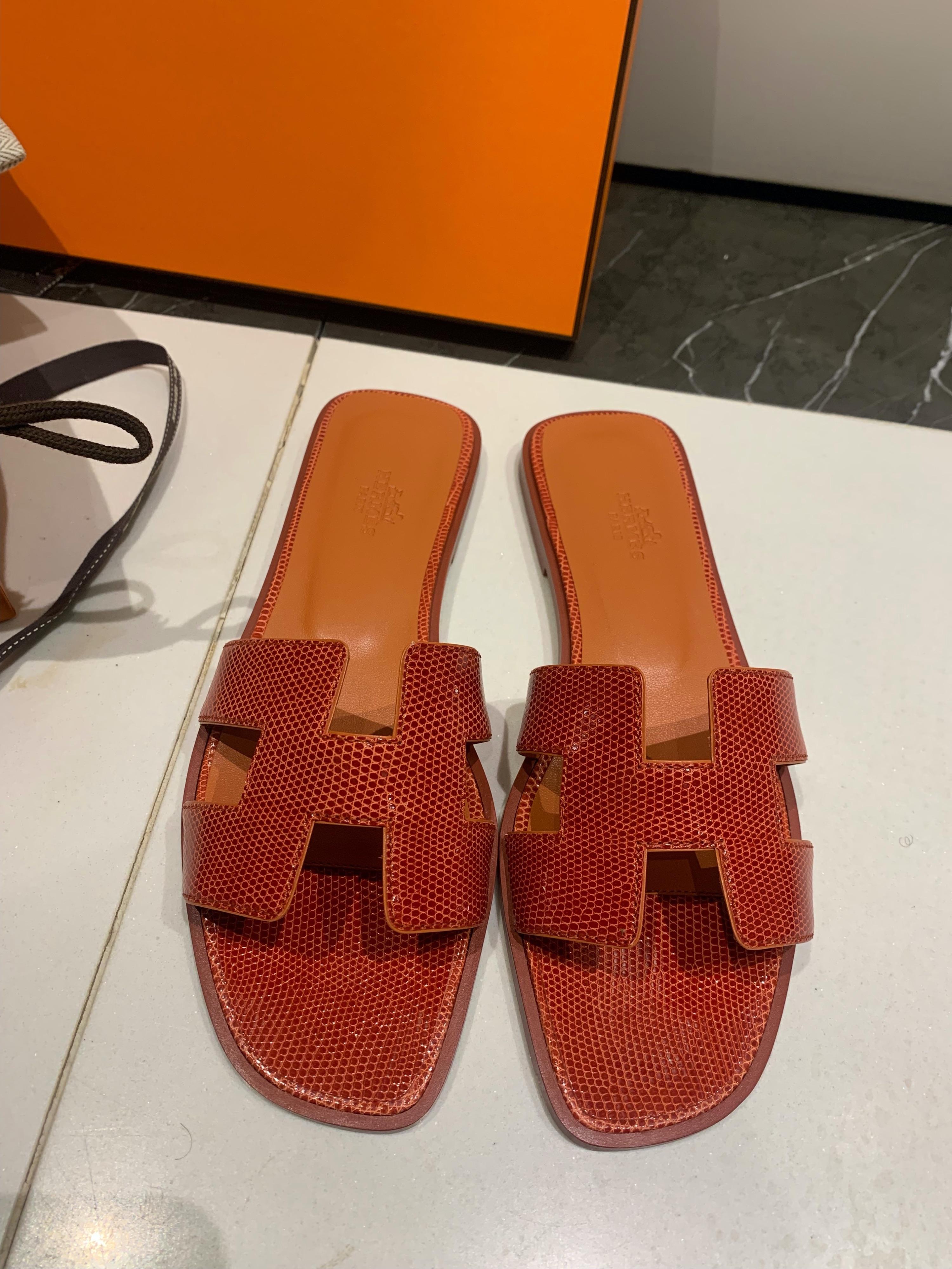 Hermes Rouge Coccinelle Lizard Oran Sandals