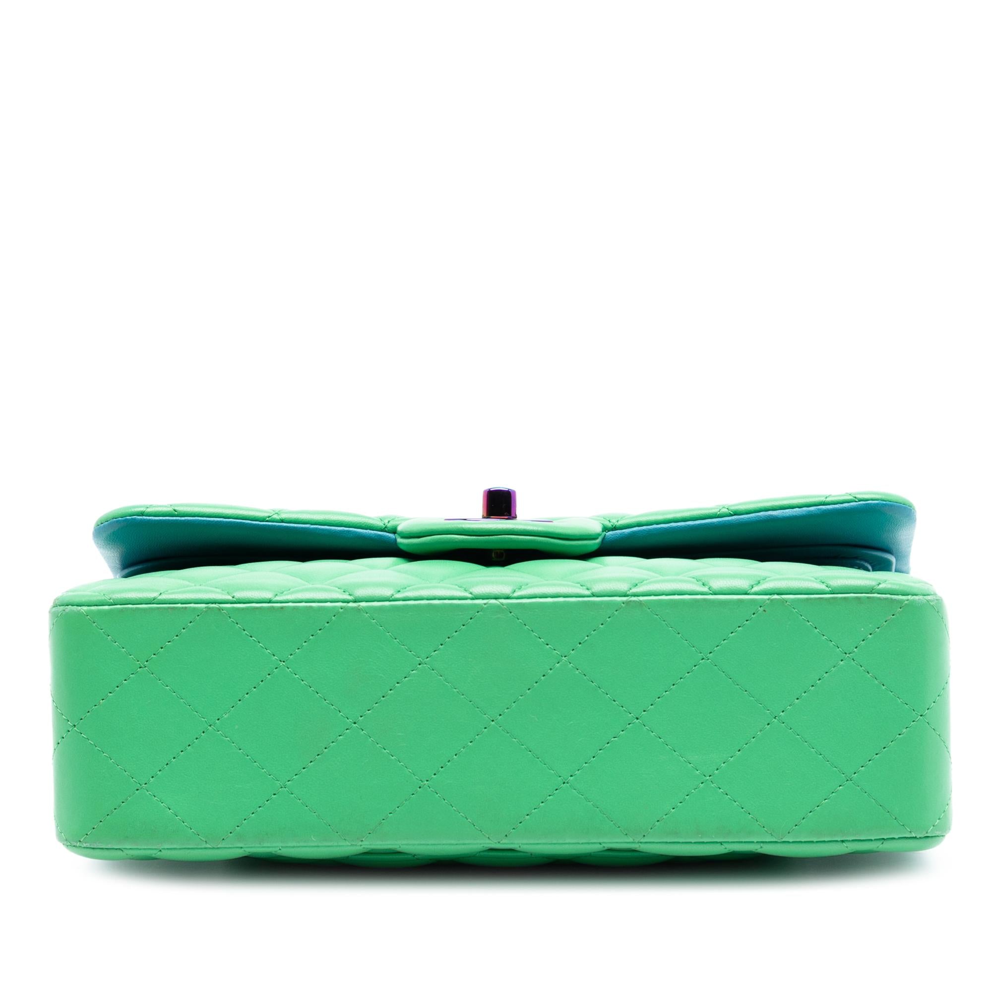 Chanel Green Small Classic Lambskin Rainbow Hardware Double Flap