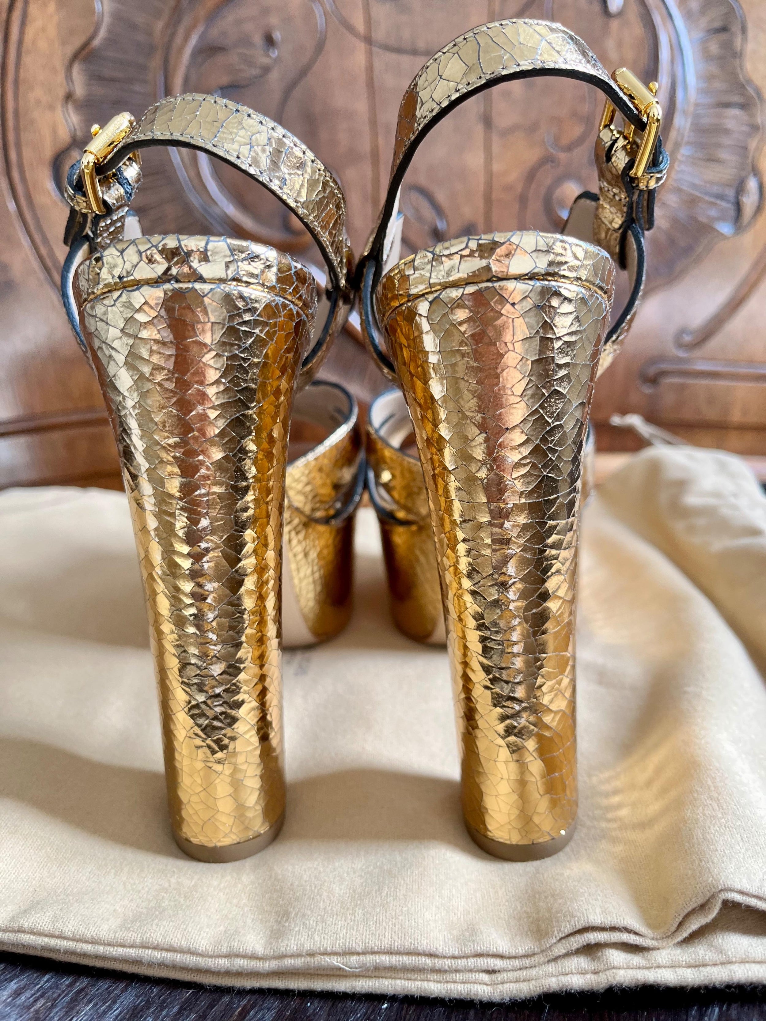 Gold cracleque leather Candace platform heeled sandals